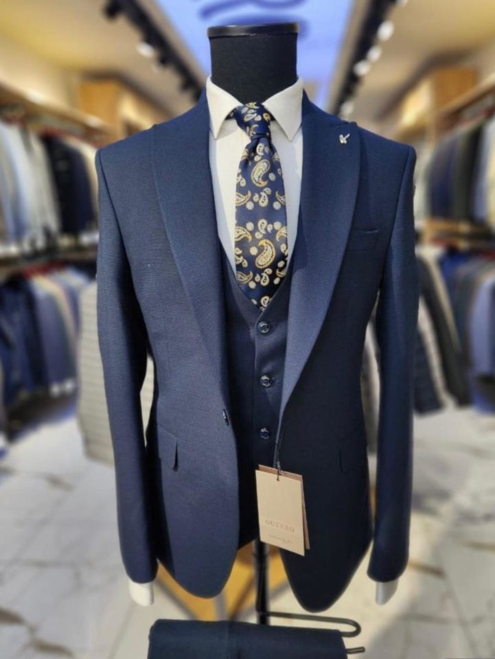 6 Drop Erkek Lacivert Renk Slim Fit Takım Elbise Şık Tasarım Kravat Değişkenlik Gösterebilir