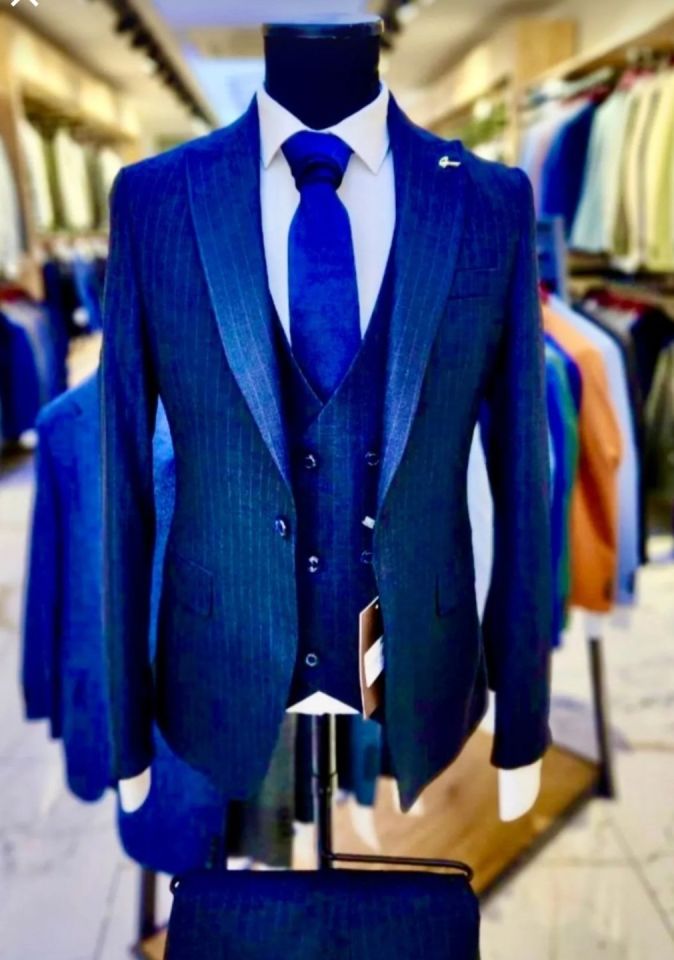 Erkek Koyu Lacivert Slim Fit Çizgili Takım Elbise Full Set