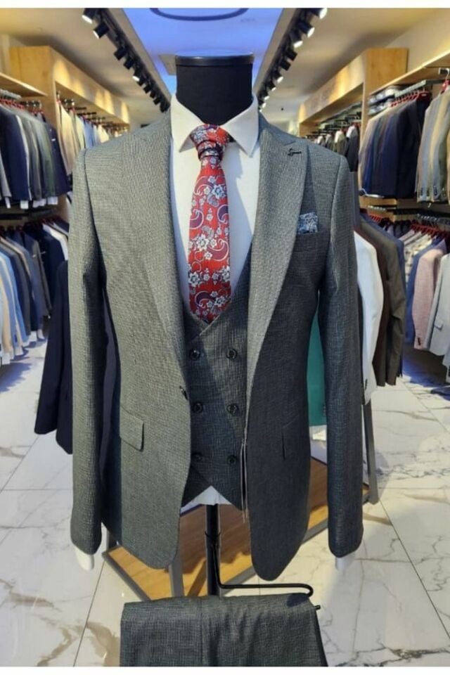 6 Drop Erkek Gri Renk Slim Fit Takım Elbise Şık Tasarım
