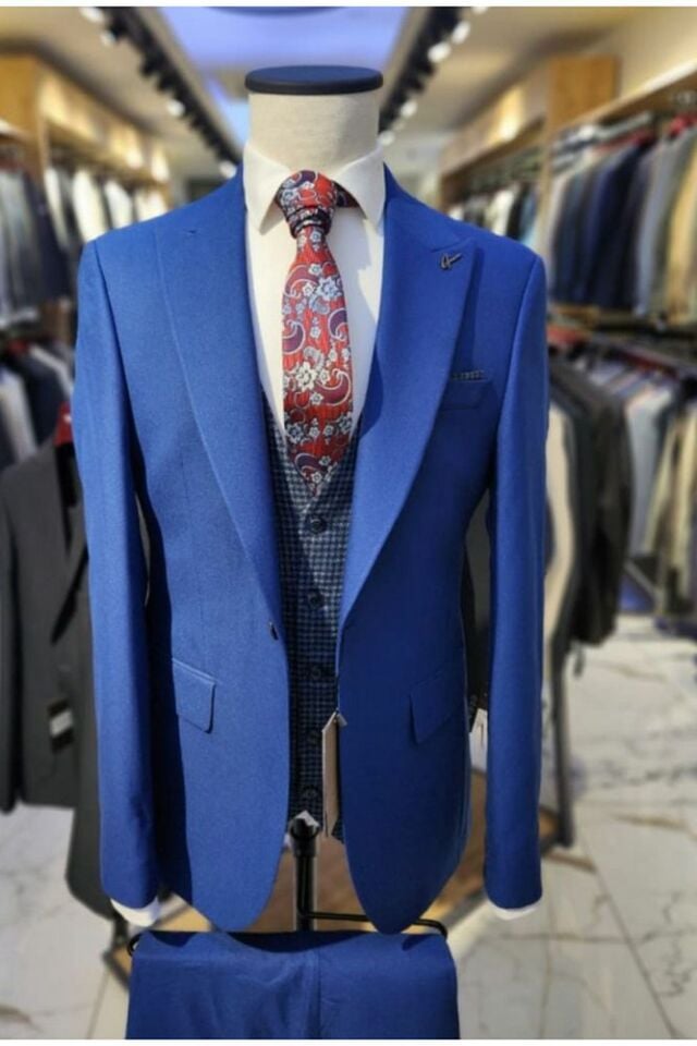 6 Drop Erkek Mavi Renk Slim Fit Takım Elbise Şık Tasarım Kravat Değişkenlik Gösterebilir