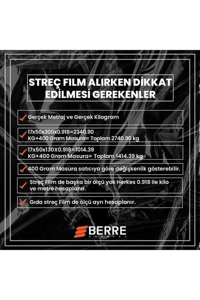 Palet Streç Film 17 Mikron 50 Cm 130 Metre 1 Adet Masura Dahil 1.4 Kg Masura:400 G