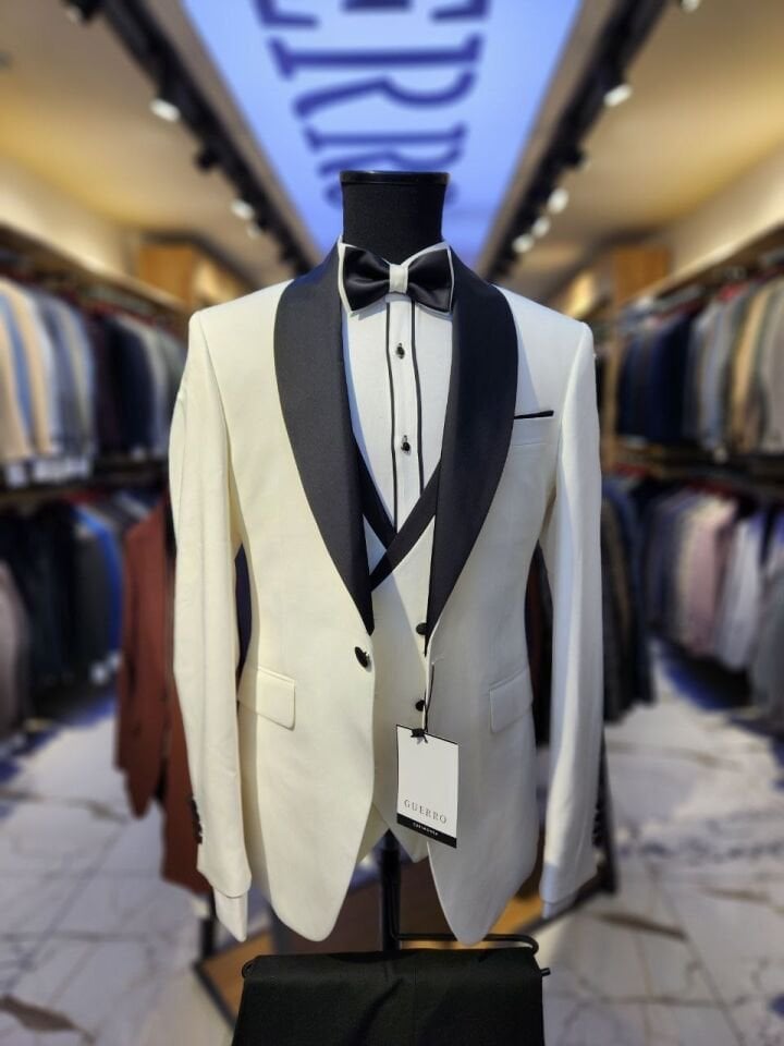6 Drop Slim Fit Ekru Şal Yaka Yelekli Smokin Takım Elbise (Papyon Yelek ve Gömlek Dahil)