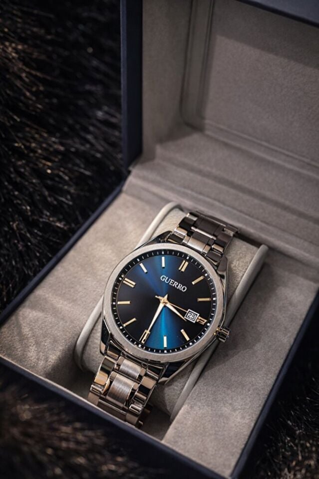 Erkek Kol Saati Paslanmaz Çelik Kasa ve Kordonlu Mavi Kadranlı 2 YIL GARANTİLİ