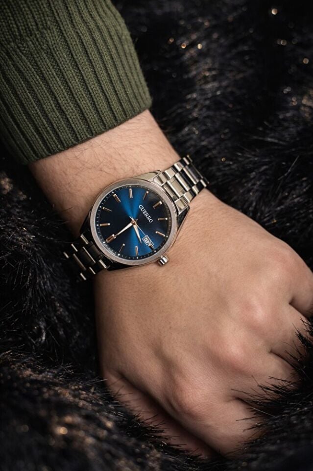 Erkek Kol Saati Paslanmaz Çelik Kasa ve Kordonlu Mavi Kadranlı 2 YIL GARANTİLİ