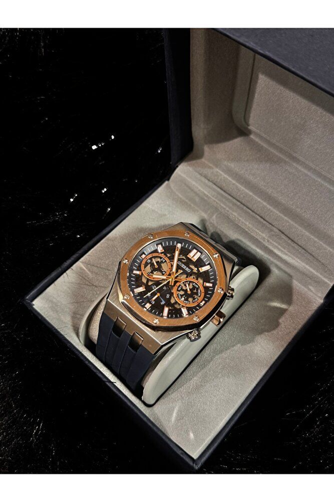 Erkek Kol Saat Gümüş-Rosegold Kombinasyonlu Kasa ve Silikon Lacivert Kordon Fonksiyonel