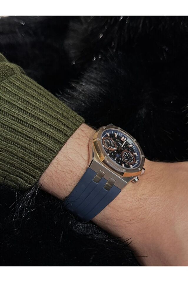 Erkek Kol Saat Gümüş-Rosegold Kombinasyonlu Kasa ve Silikon Lacivert Kordon Fonksiyonel