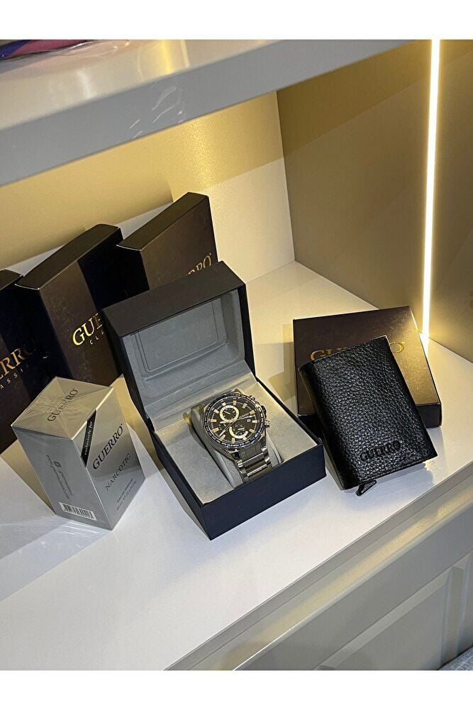 3 ‘Lü Set Çelik Kordon Erkek Kol Saati 60 ml Erkek Parfüm Deri Siyah Metal Kartlık Detaylı Cüzdan