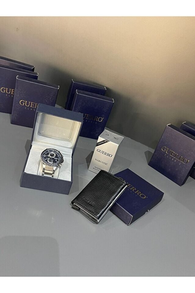 3 ‘Lü Set Çelik Kordon Erkek Kol Saati 60 ml Erkek Parfüm Deri Siyah Metal Kartlık Detaylı Cüzdan