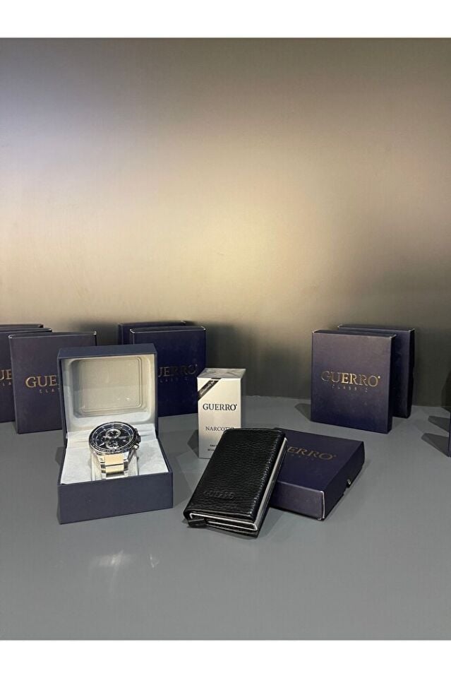 3 ‘Lü Set Çelik Kordon Erkek Kol Saati 60 ml Erkek Parfüm Deri Siyah Metal Kartlık Detaylı Cüzdan