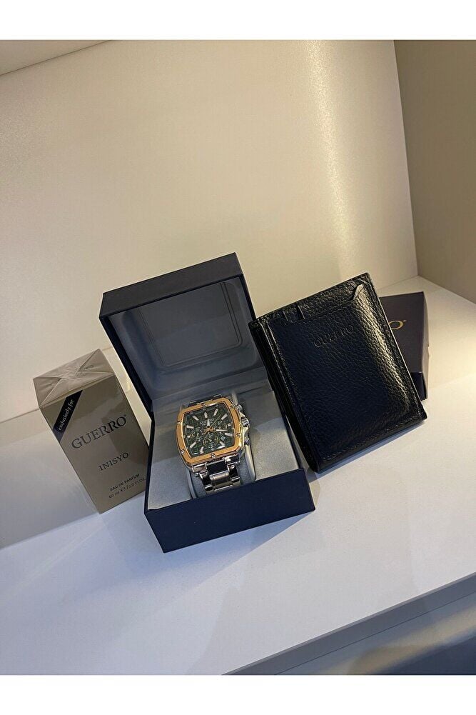 3'lü Set Çelik Kordon Altın-Gümüş Kombinasyonlu Erkek Kol Saati 60 ml Erkek Parfüm Deri Cüzdan