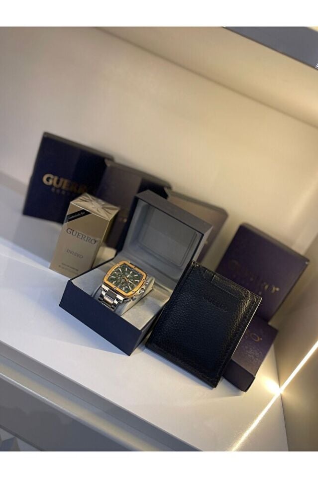 3'lü Set Çelik Kordon Altın-Gümüş Kombinasyonlu Erkek Kol Saati 60 ml Erkek Parfüm Deri Cüzdan