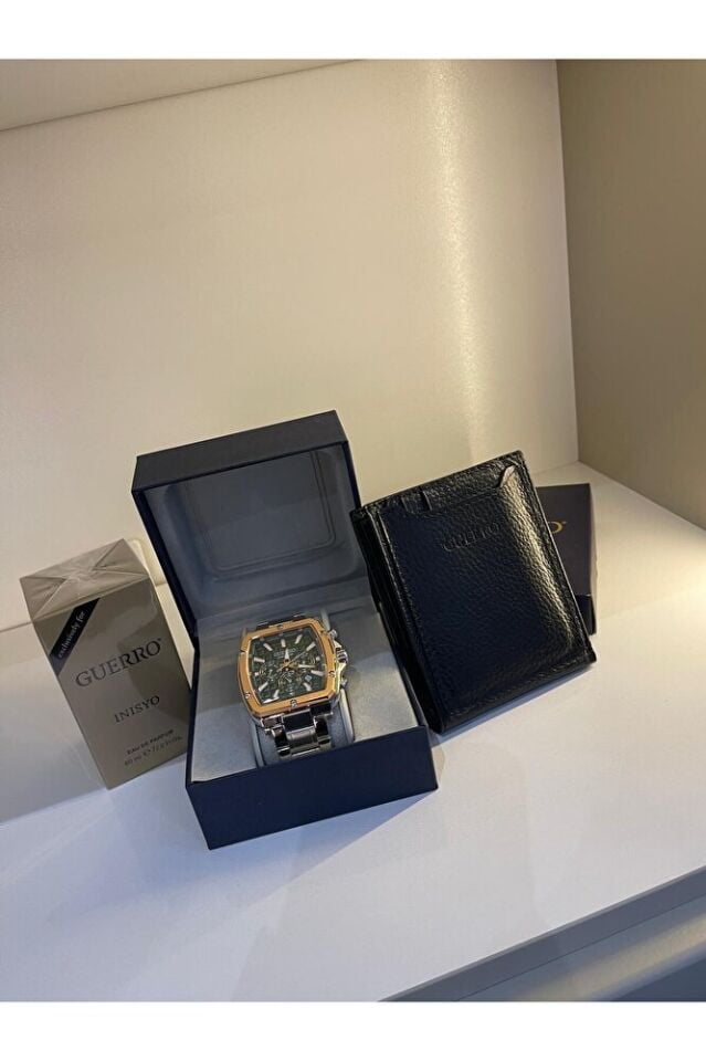 3'lü Set Çelik Kordon Altın-Gümüş Kombinasyonlu Erkek Kol Saati 60 ml Erkek Parfüm Deri Cüzdan