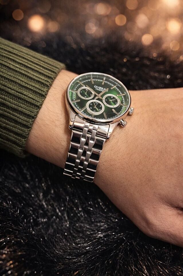 Erkek Kol Saati Paslanmaz Çelik Kasa ve Kordonlu Yeşil Kadranlı