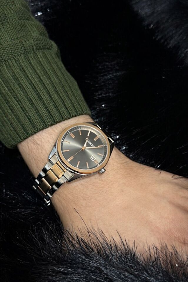 Erkek Kol Saati Gümüş-Rose Gold Renk Kombinasyonlu Paslanmaz Çelik Kasa