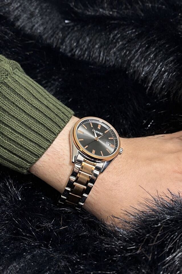 Erkek Kol Saati Gümüş-Rose Gold Renk Kombinasyonlu Paslanmaz Çelik Kasa